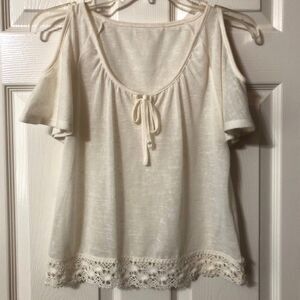 Blouse Size Small Cream Cold Shoulder and Lace Bottom Design